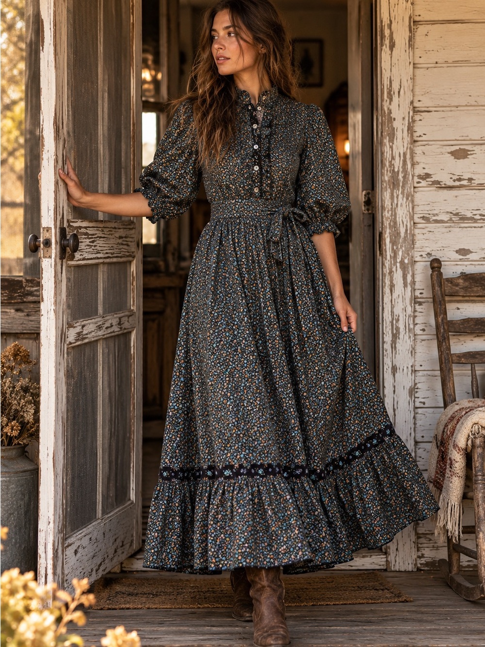 Byer Too! Vintage Black Floral Cotton Prairie 7‎ Dress Cottagecore  Western Boho